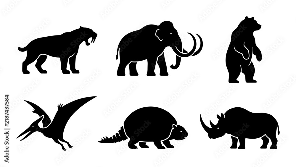 Fototapeta premium Prehistoric Animals Vector Icons Set: Mammoth, Saber-tooth Tiger, Dinosaur, Bear, Rhino