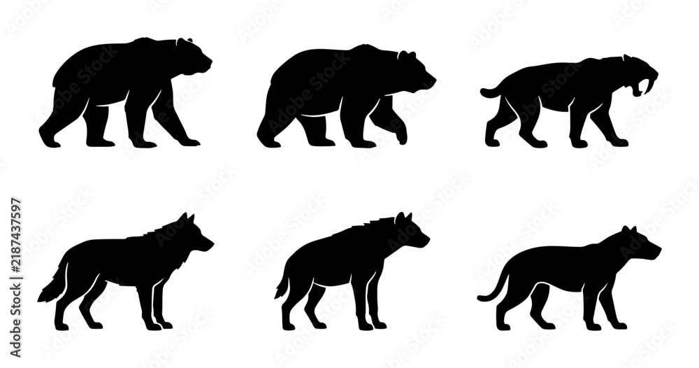 Fototapeta premium Prehistoric Animal Silhouettes: Bear, Saber-Toothed Cat, Wolf, Hyena Icons