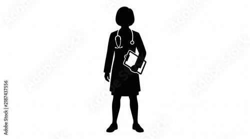 Black silhouette of a female doctor standing while holding a medical clipboard with medical professional stands white background holding stands against plain practitioner stethoscope healthcare