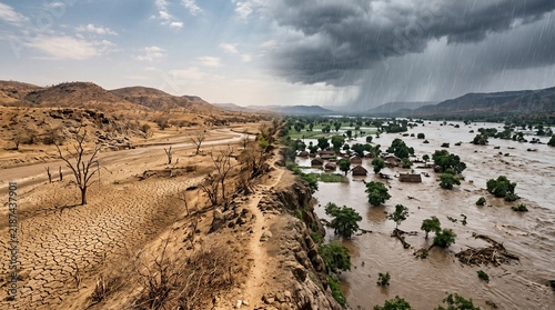 Dramatic contrast between arid drought landscape and flooded village under heavy rain