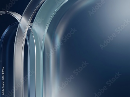 Abstract 3d arches made of glass and metal curving on a dark blue background