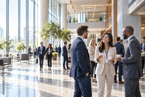 Business professionals in formal attire networking and conversing in a spacious, modern office lobby with large windows and natural light.