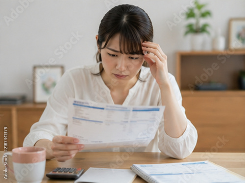 Obraz na płótnie 電気代,電気料金,光熱費,請求書,電気代高騰,値上げ,物価高,インフレ,家計,家計管理,生活費,固定費,家計負担,節約,節電,省エネ,電力,電気,エネルギー,エネルギー価格,電気料金明細,公共料金,支払い,出費,支出,お金の悩み,経済的不安,家庭,家族,夫婦,子育て世帯,日本人家族,日本人夫婦,自宅,リビング,ダイニング,電卓,スマートフォン,パソコン,書類,確認,悩む,困る,生活防衛,家計簿,予