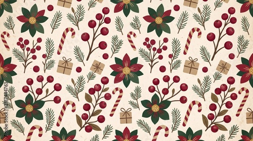 Christmas seamless pattern with botanical elements and candy canes