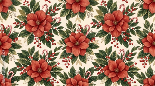 Seamless christmas floral pattern with red flowers and candy canes