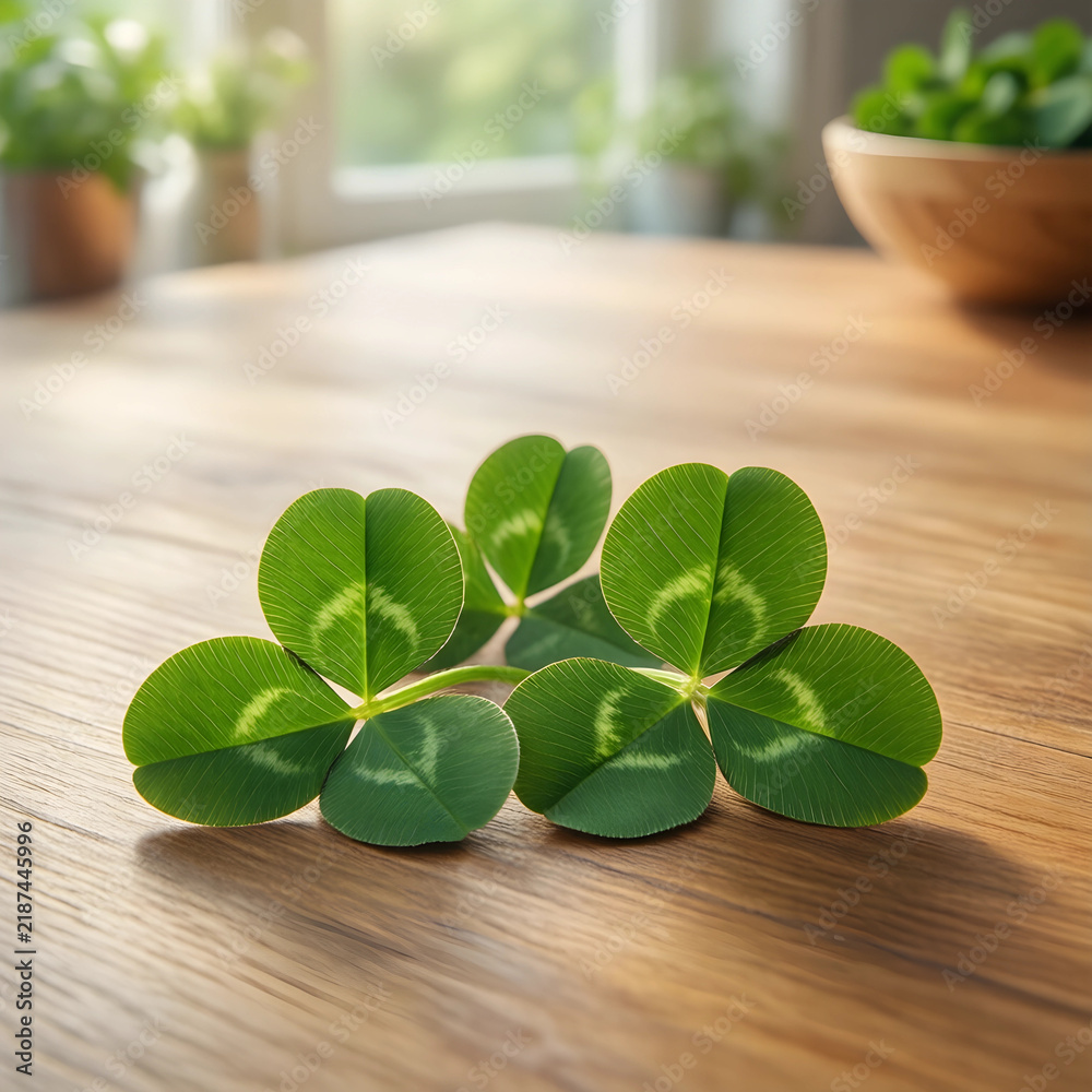 Obraz premium Good luck and fortune concept, fresh green clover leaves on a wooden table with soft natural sunlight for St. Patricks Day celebration and spring