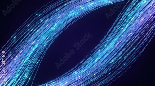 Abstract background featuring glowing fiber optic cables creating dynamic light trails in shades of blue and purple