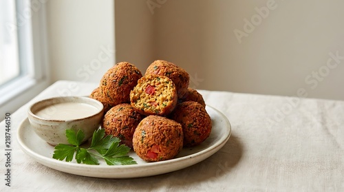 Freshly made tomato falafel balls served with a bowl of tahini sauce and fresh parsley on a light table