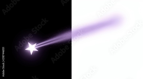 A glowing white star shooting across a black and white split background, leaving a purple sparkling trail behind.