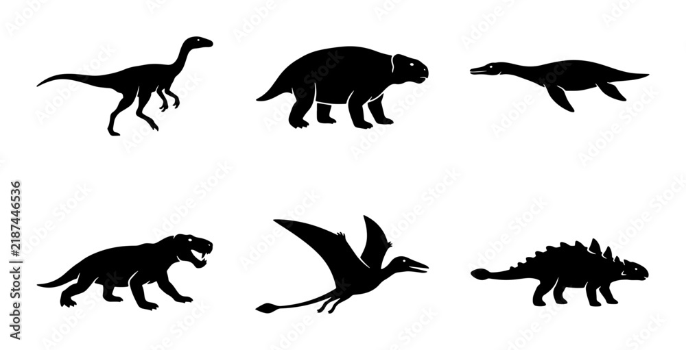 Obraz premium Dinosaur Silhouettes Collection: Prehistoric Creatures, Ancient Reptiles, Extinct Animals, Vector Icons