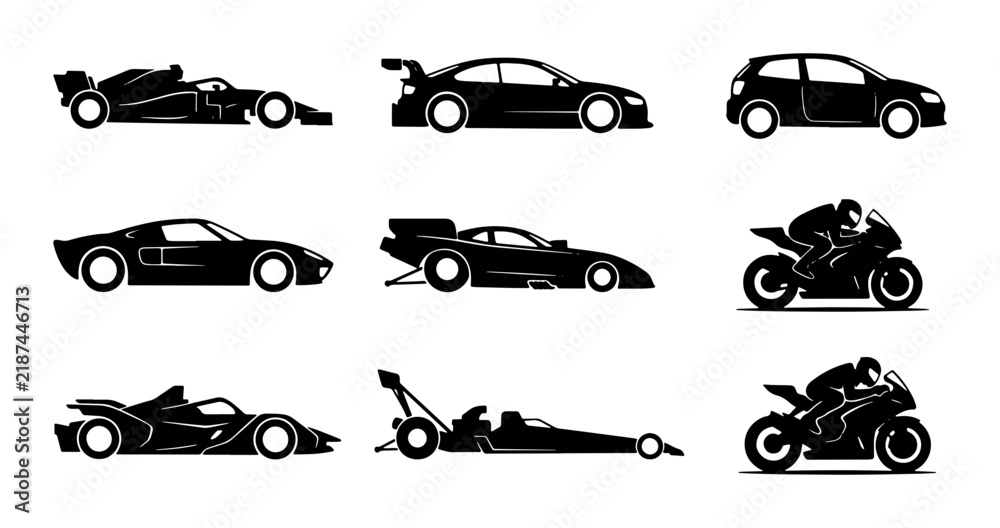 Obraz premium Modern Sports Cars and Motorcycles Vector Icons, Sleek Automotive Designs for Speed and Performance