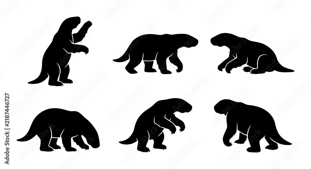 Fototapeta premium Komodo Dragon Silhouettes, Reptile Vector Icons, Wildlife Animal Graphics, Black and White