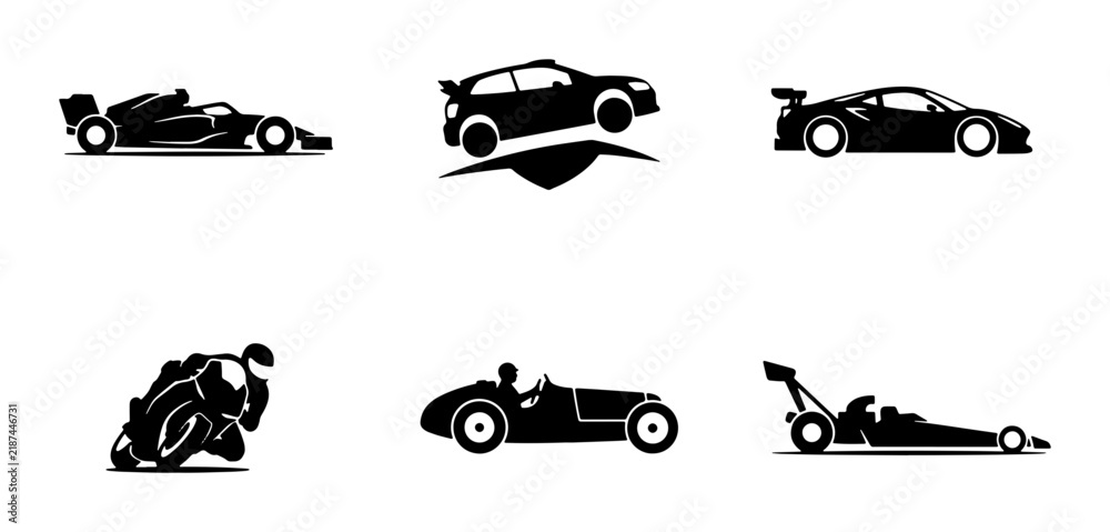 Obraz premium Diverse Racing Vehicles Collection, Sports Cars, Motorcycles, and Drag Racers Icons