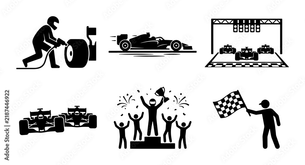Obraz premium Formula 1 Racing Icons: Pit Stop, Cars, Finish Line, Podium, Chequered Flag Vector Set