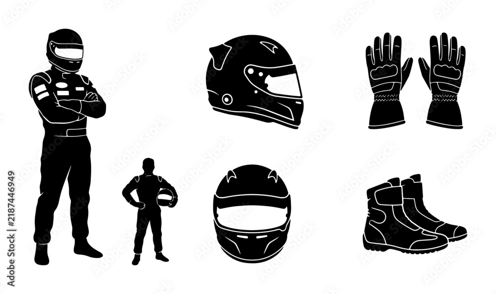 Obraz premium Racing Driver Gear Set, Motorsport Helmet, Gloves, Boots, Silhouette Vector Icons for Speed Sports