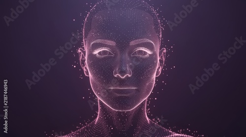 Digital human face formed by glowing particles and lines on a dark background, representing artificial intelligence or futuristic technology.