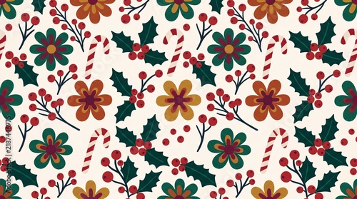 Seamless christmas pattern with festive holly berries and candy canes
