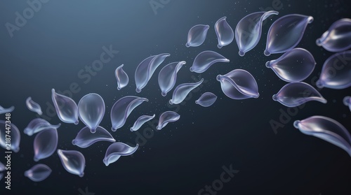 Transparent, leaf-shaped droplets forming a flowing pattern on a dark, smooth background, resembling a delicate, abstract aquatic scene.