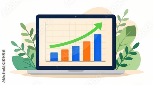 A laptop displays a colorful bar chart with increasing values and an upward green arrow, symbolizing growth and success, surrounded by decorative green leaves.