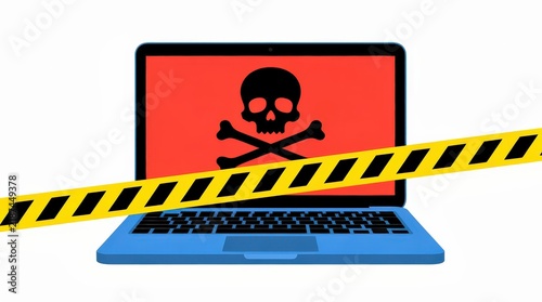 Laptop with a red screen showing a skull and crossbones, symbolizing danger or malware, blocked by yellow and black caution tape.