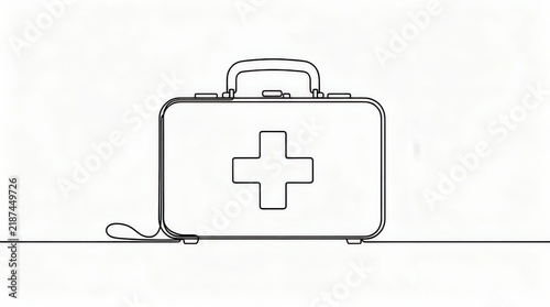A simple line drawing of a first aid kit with a prominent medical cross on its front.
