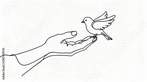 A minimalist line drawing of a hand gently releasing a bird into the air, symbolizing freedom and care.