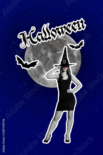 Bild auf Leinwand Trend template sketch design 3D photo collage of witch costume young lady stand