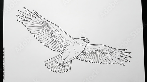 Line Drawing of a Bird in Flight with Outstretched Wings and Graceful Posture.