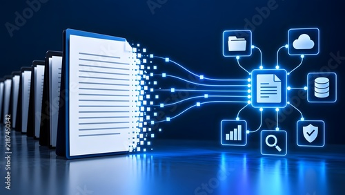 Digital document processing and data management with interconnected icons for cloud storage, analytics, and security