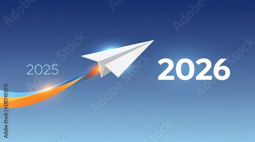 A paper airplane flies from 2025 towards 2026, symbolizing progress and moving forward into the new year.