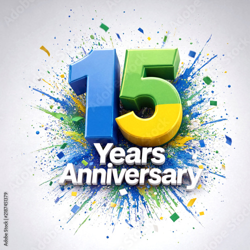 Colorful fifteen years anniversary celebration with vibrant explosion and bright numbers design