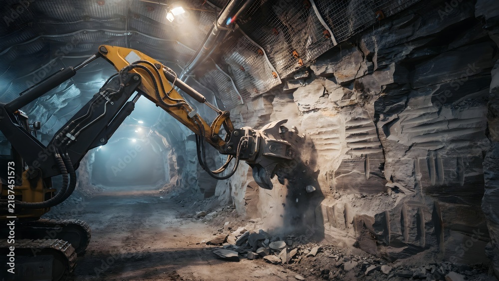 Fototapeta premium Heavy Construction Excavator Drilling Tunnel Wall in Underground Mine