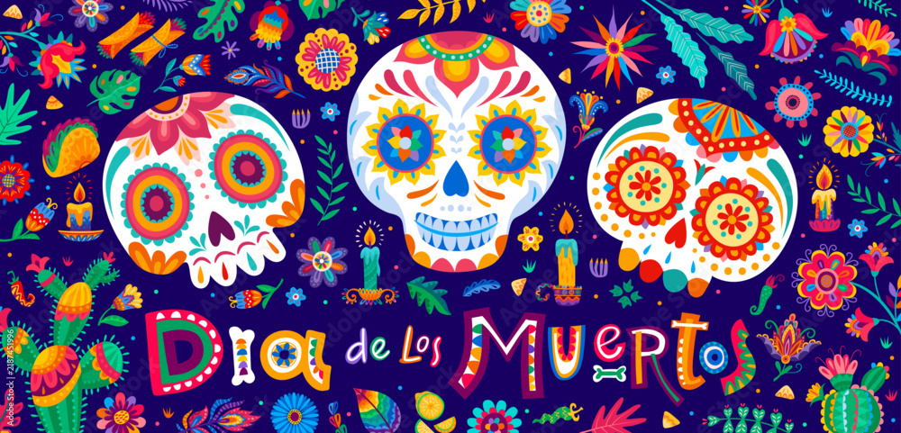 Obraz premium Day of the Dead and Mexican Dia de Los Muertos holiday banner with calavera skulls. Mexican colorful ornament of calavera skulls and huichol folk art flowers and cactus for Day of the Dead greeting