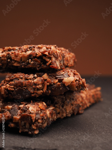 Homemade chocolate made from organic cocoa, dates, hazelnuts, and coconut oil