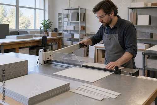 Technician sizing plain board with a guarded bench cutter