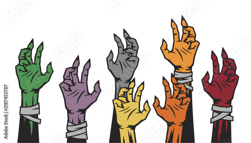 Dramatic illustration of colorful zombie hands in green, purple, yellow, and red reaching up from the ground.
