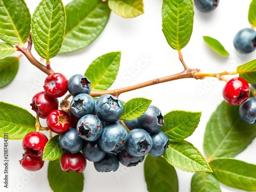 Fresh blueberry branch with ripe berries nestled among leaves on a white background, || blueberries, design