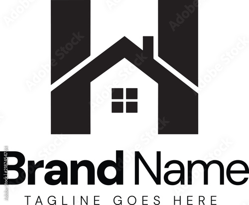 letter H logo vector house roof logo with tall architectural forms, chimney and four pane window, bold modern typography and clean white background. Concept of real estate, housing