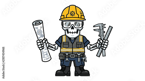 An Illustrated Skeleton Engineer Holding Blueprints and Tools on White Background