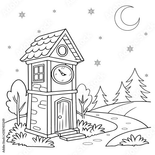 Clock Tower Cottage Coloring Page with Pine Tree and Starry Night Sky