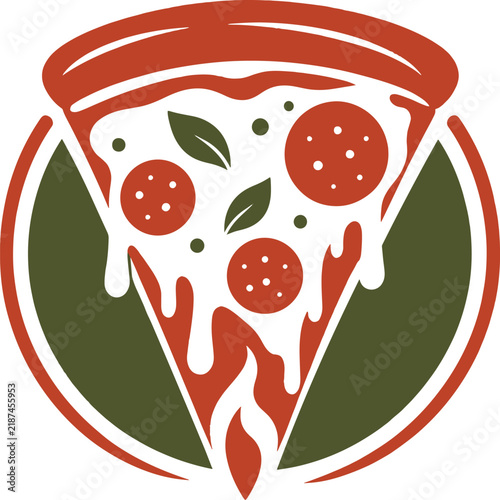 Colorful pizza slice logo vector with melted cheese, tomato, basil leaves and circular emblem in red and olive green. Concept of Italian cuisine, restaurant, food branding