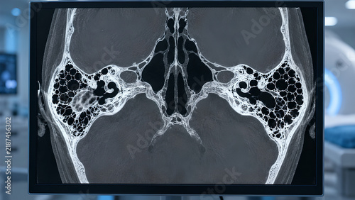 Early-stage mastoiditis radiology concept showing mastoid bone inflammation and partial opacification of temporal bone air cells, photorealistic imaging for healthcare, medical and patient education