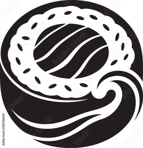 Black and white sushi roll logo vector with sesame covered rice, striped filling and flowing curved design. Concept of Japanese cuisine, restaurant, food branding