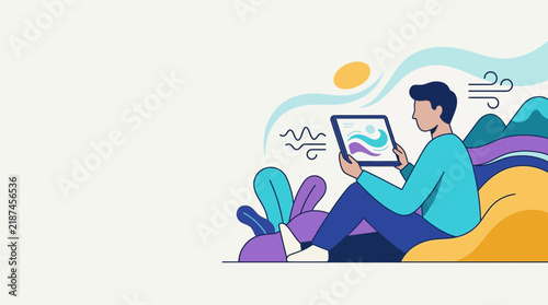 Creative professional working on digital tablet in cozy home setting.