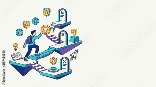 Illustrated concept of professional growth and career advancement with digital tools.