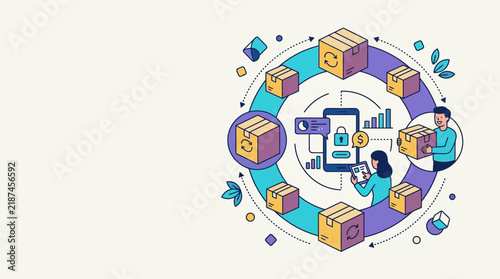 Creative illustration of digital marketing and mobile app analytics dashboard.
