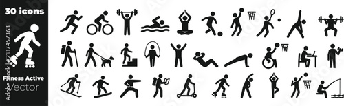 Fitness icons, Sports fitness healthy active exercise lifestyle collection vector icon set stick figure pictogram elements silhouette isolated on white background, 