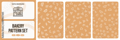 Bakery pattern set with seamless background featuring various bread, pastry, and shop icons in a cute handdrawn line art style