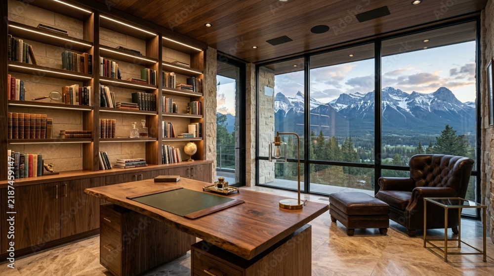 Obraz premium Luxury Home Office with Mountain View | Study, Bookshelf, Desk, Armchair