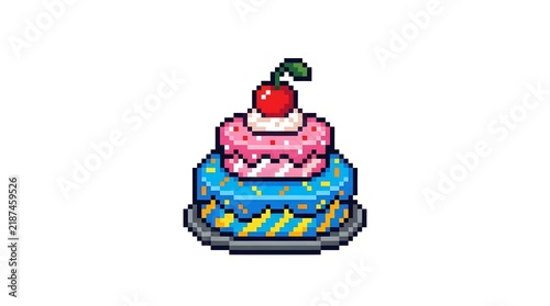 Pixel art two-tier birthday cake with a red cherry on top isolated on a white background